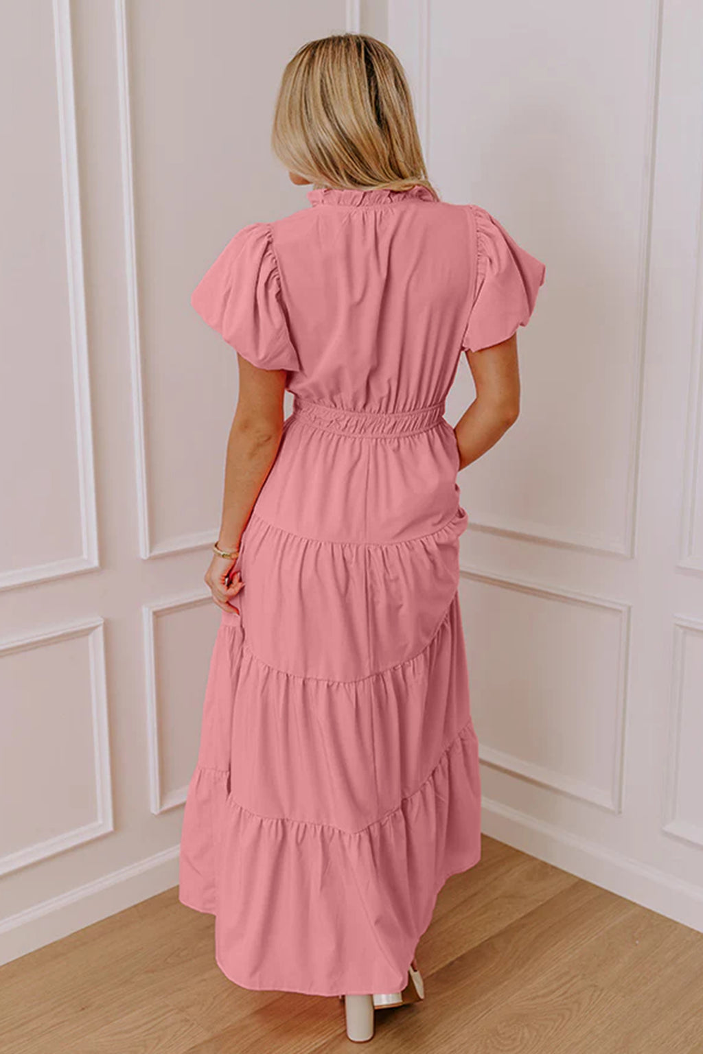 Green Solid Color V Neck Short Puff Sleeve High Waist Tiered Maxi Dress