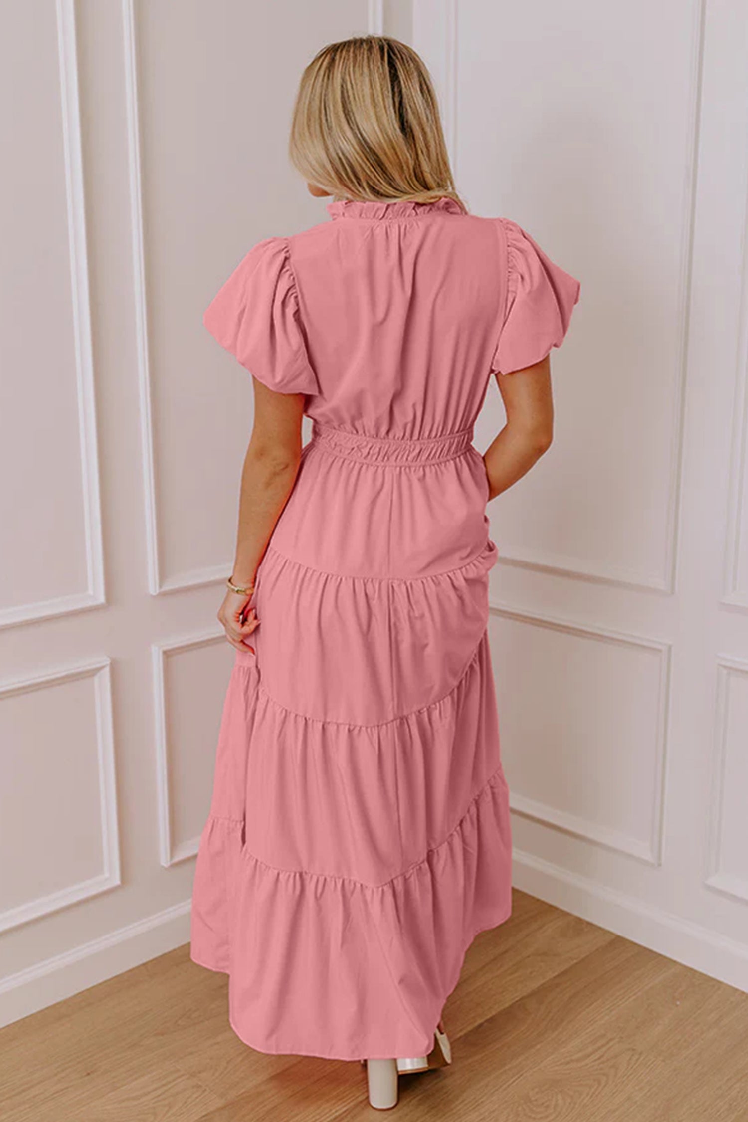 Green Solid Color V Neck Short Puff Sleeve High Waist Tiered Maxi Dress