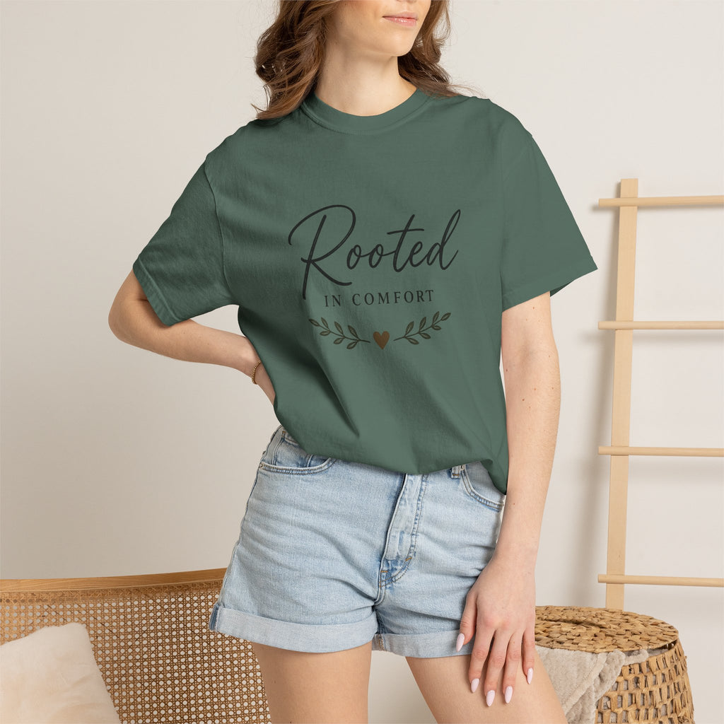 Rooted in Comfort T-Shirt — Cozy Script Graphic Tee with Leaf Accent