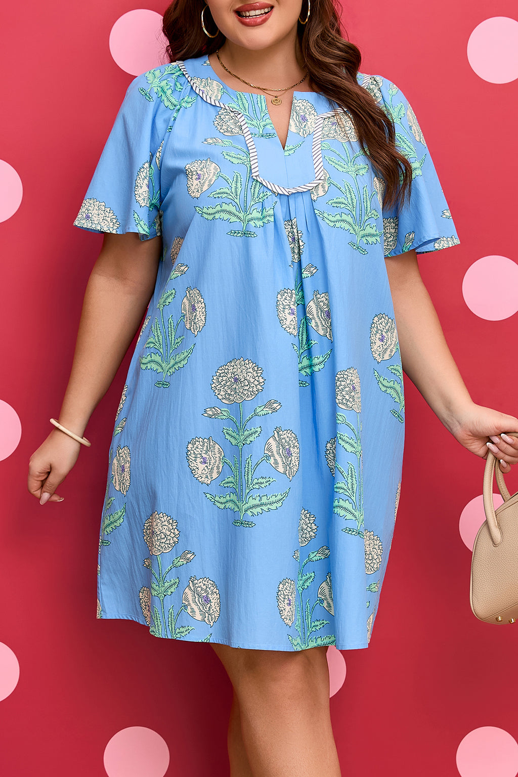 Sky Blue Plus Floral Printed Split Neck Mini Dress