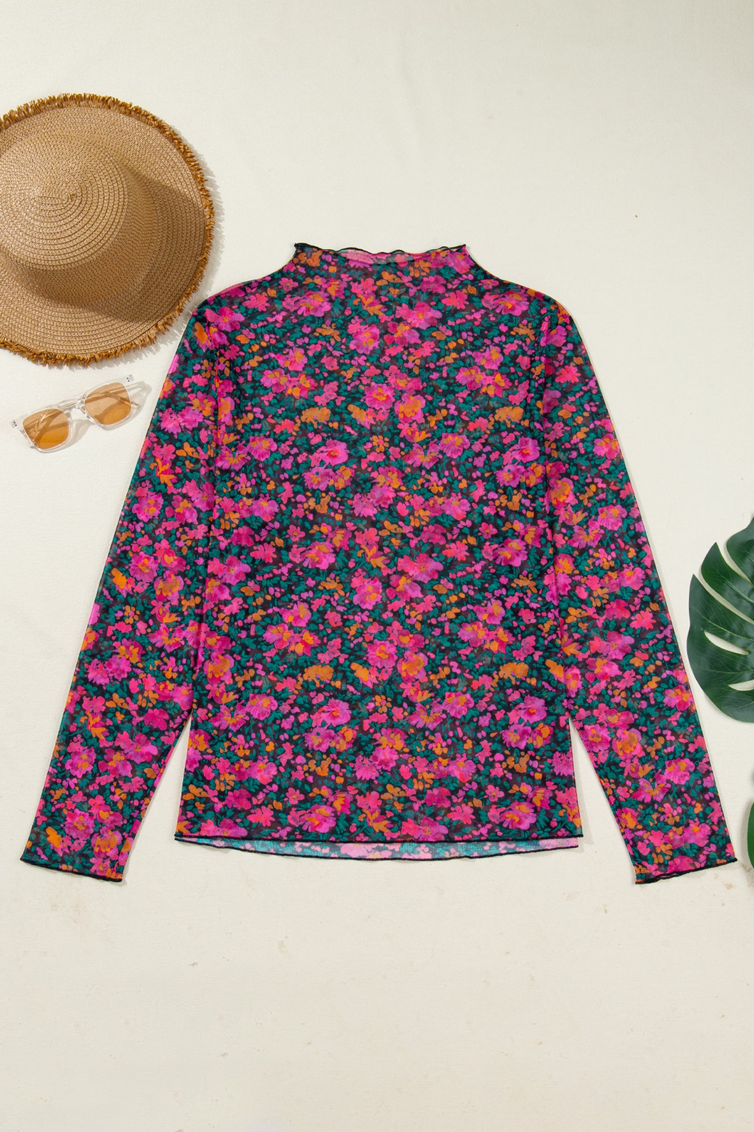 Plus Size Vintage Floral Print Mesh Long Sleeve Top