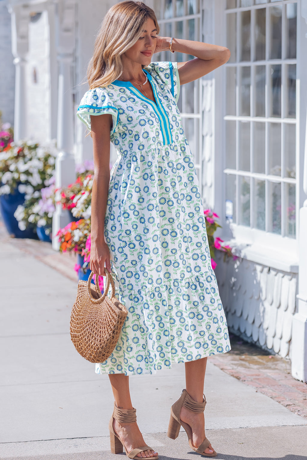 Sky Blue Cute Sunflower Printed Striped Patchwork Trim Flutter Dress