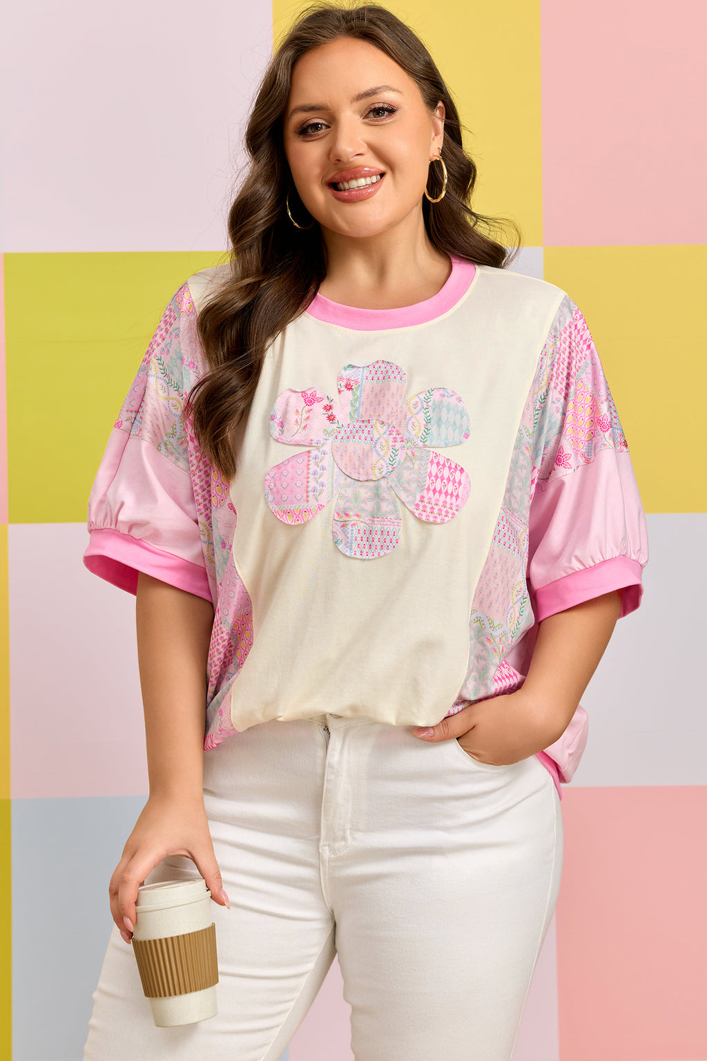 Beige Plus Size Floral Patchwork Short Sleeve Patch Embroidery Cotton Top