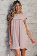 Frilled Trim Crew Neck Loose Fit Mini Dress
