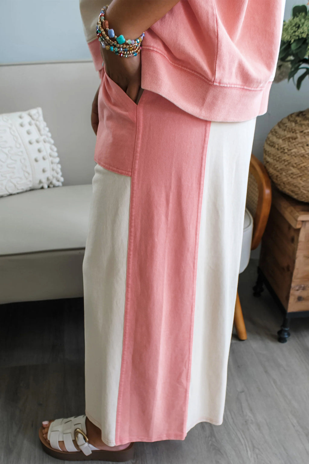 White Two-tone Color Block Drawstring Loose Pant Set