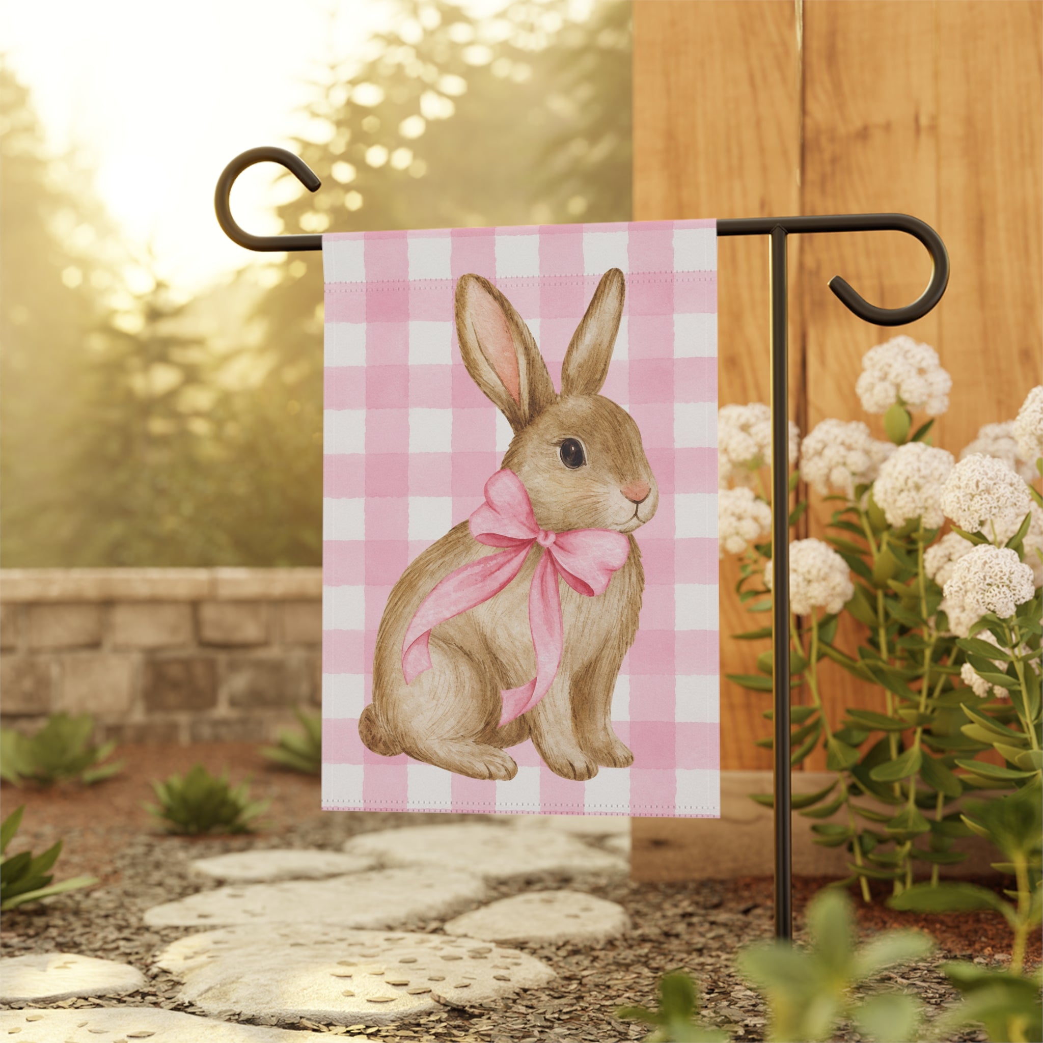 Pink Gingham Bunny Garden Flag