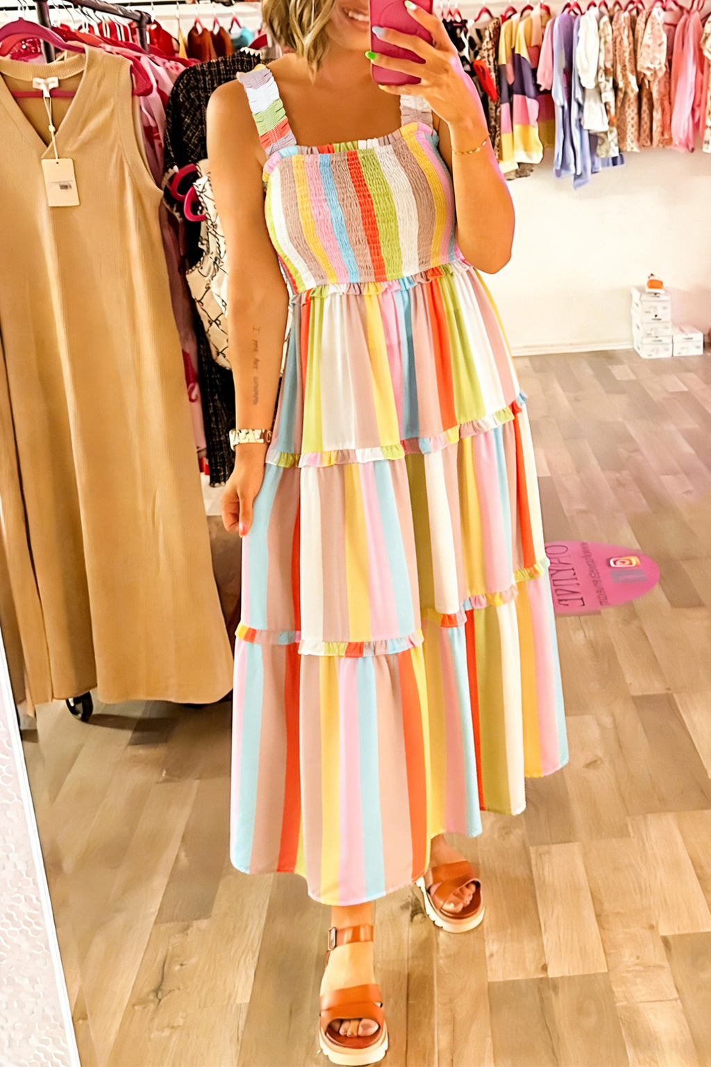 Striped Print Frilly Tiered Maxi Dress