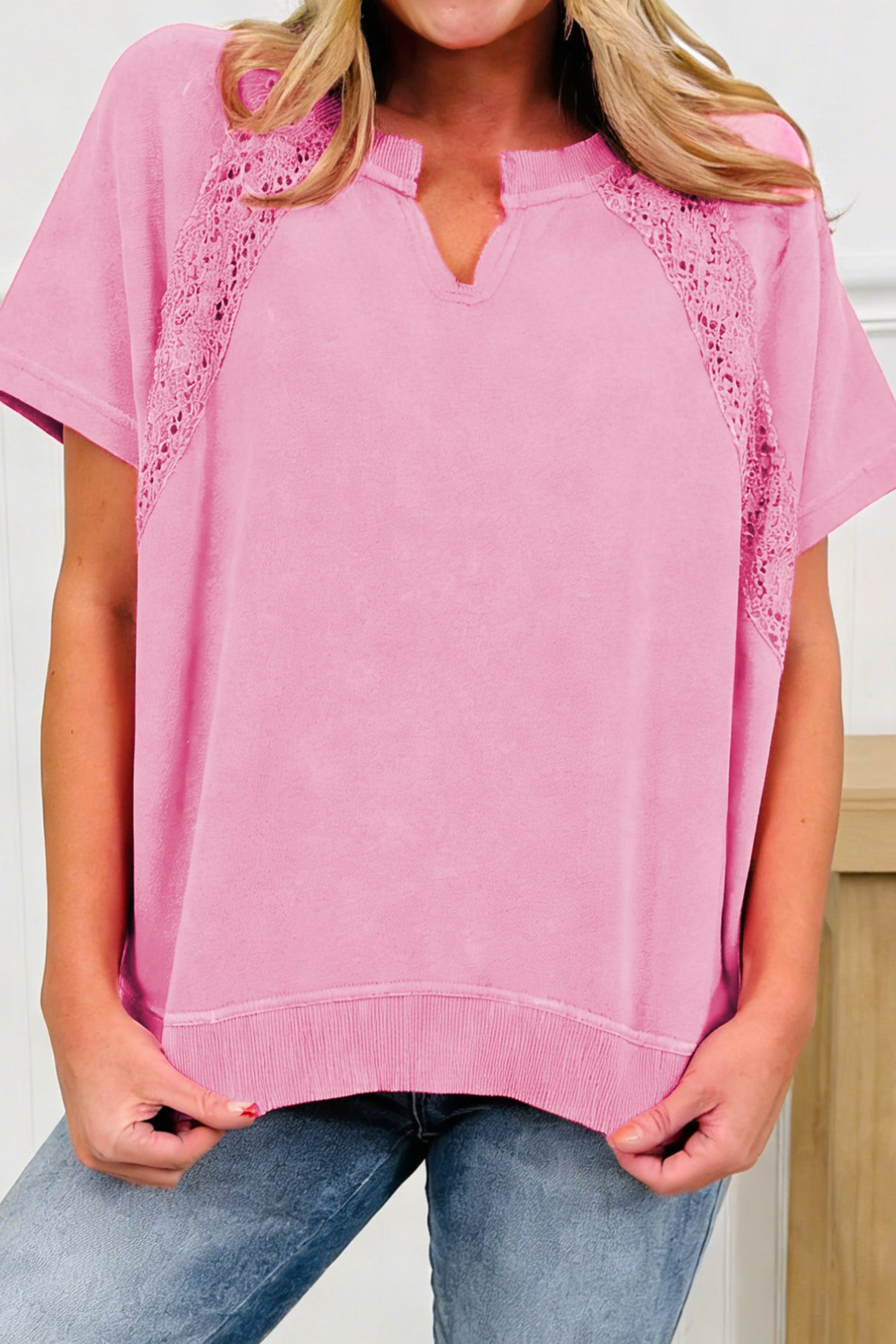 Mint Green Raw Cut Notched Neck Lace Patchwork Detail Mineral Wash Top