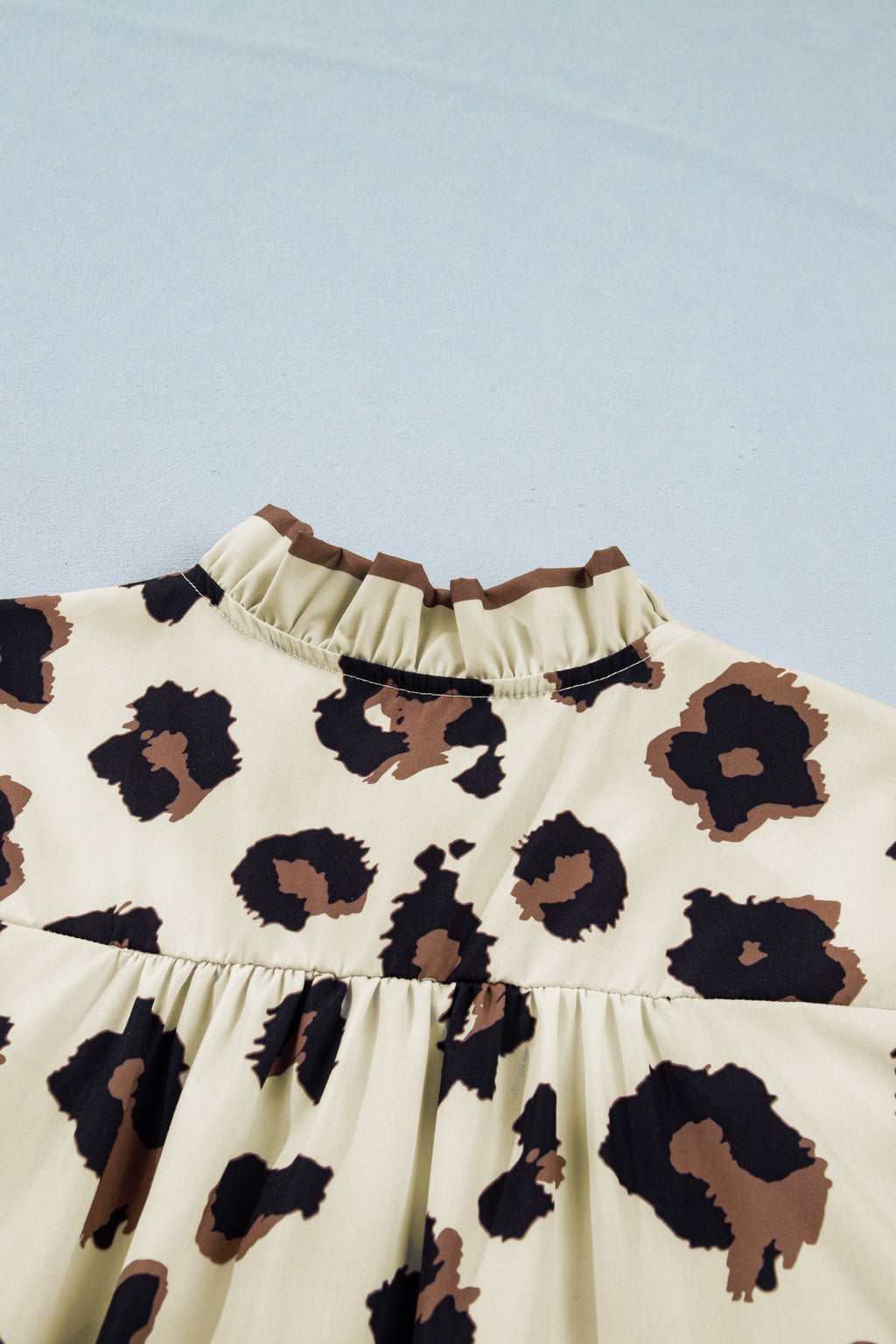 Plus Size Leopard Print Frilled Color Block Trim Button Down Short Sleeve Top