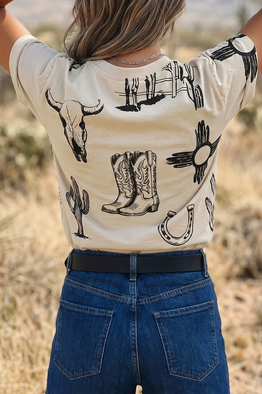 Beige Retro Western Print Top