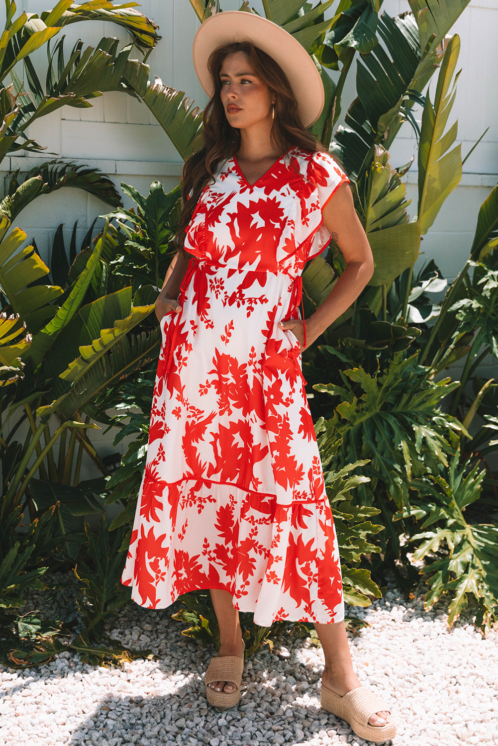 Red Floral Print Trimmed V Neck Ruffle Sleeve Dress