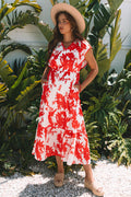 Red Floral Print Trimmed V Neck Ruffle Sleeve Dress