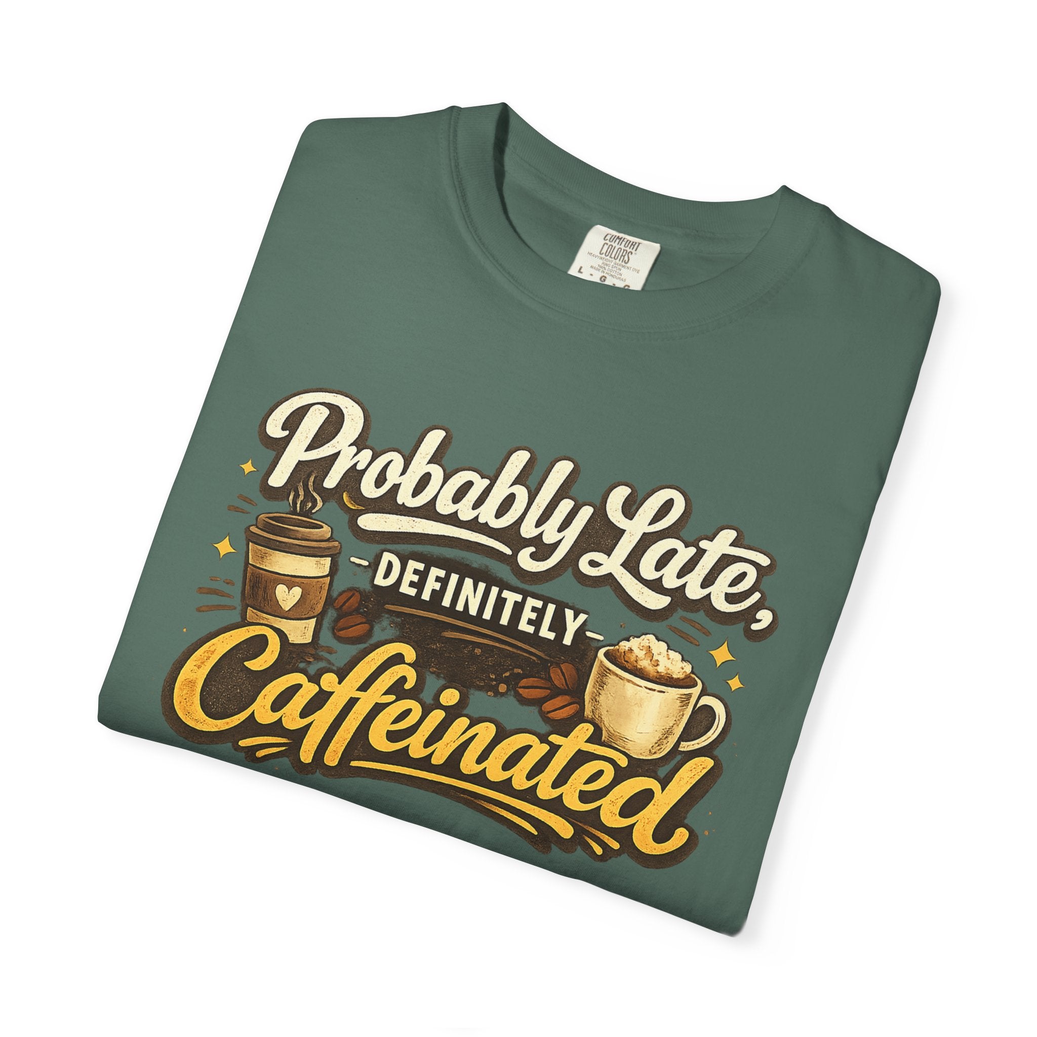 Coffee Lover T-Shirt — "Probably Late, Definitely Caffeinated" Graphic Tee