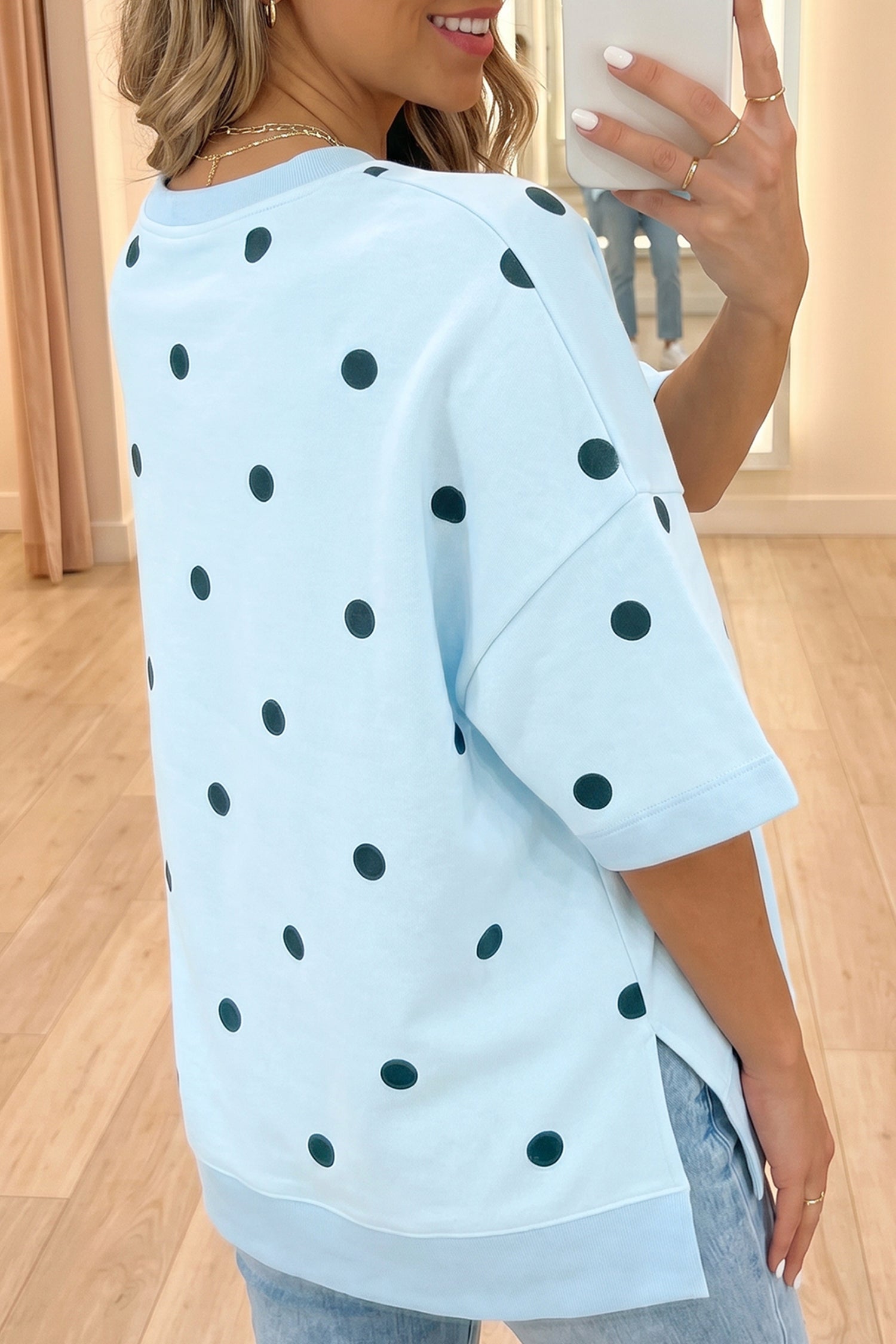 Sky Blue Polka Dot Print Crossed Seam Detail Oversize Top