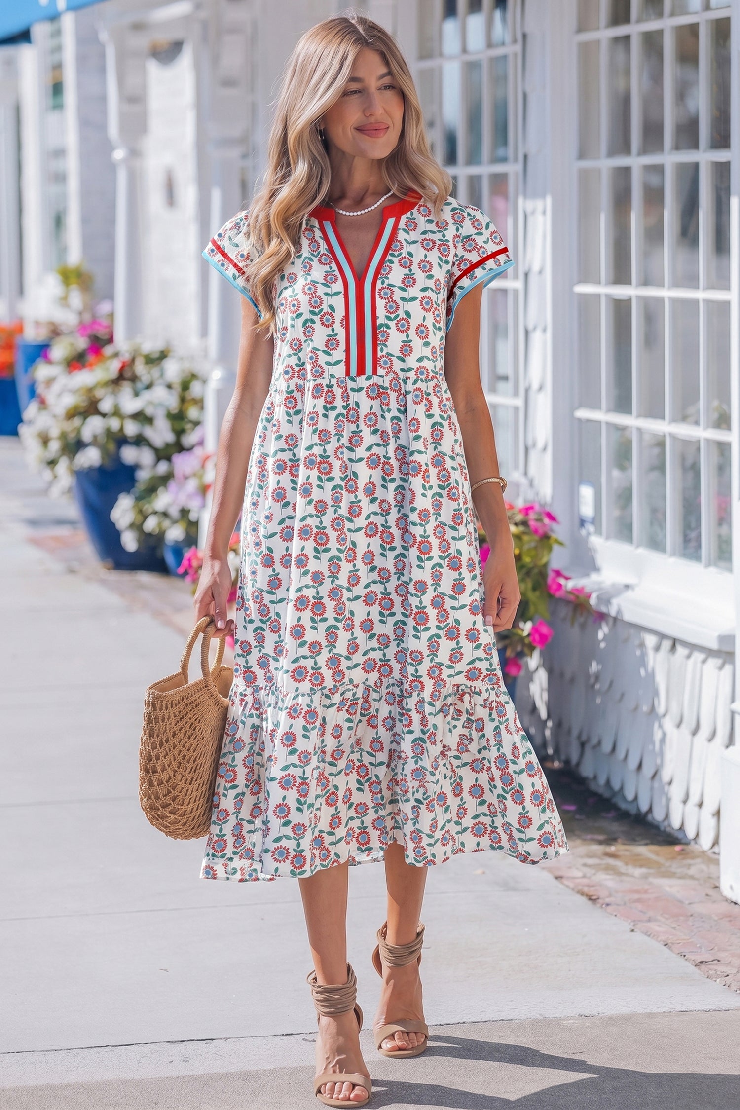 Sky Blue Cute Sunflower Printed Striped Patchwork Trim Flutter Dress