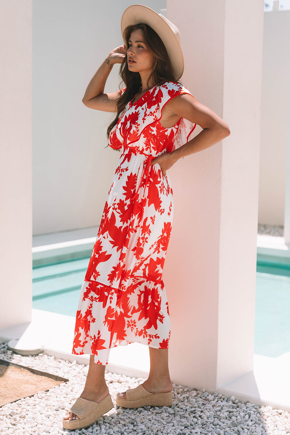Red Floral Print Trimmed V Neck Ruffle Sleeve Dress