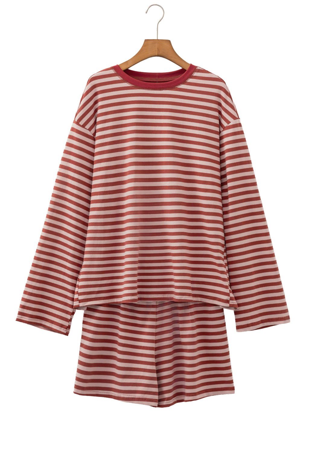 Stripe Relaxed Long Sleeve Top Contrast Elastic Waistband Two Piece Set