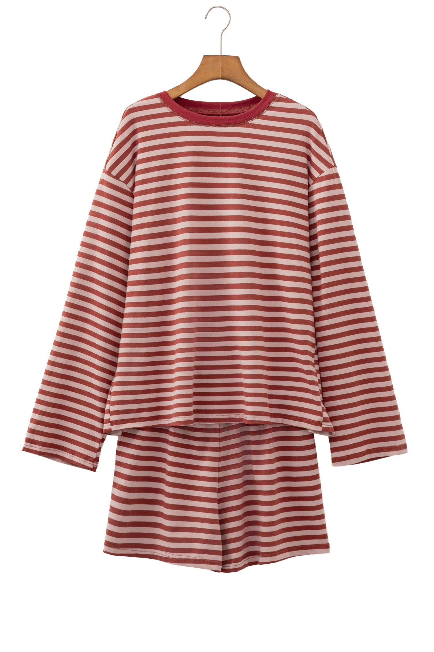 Stripe Relaxed Long Sleeve Top Contrast Elastic Waistband Two Piece Set