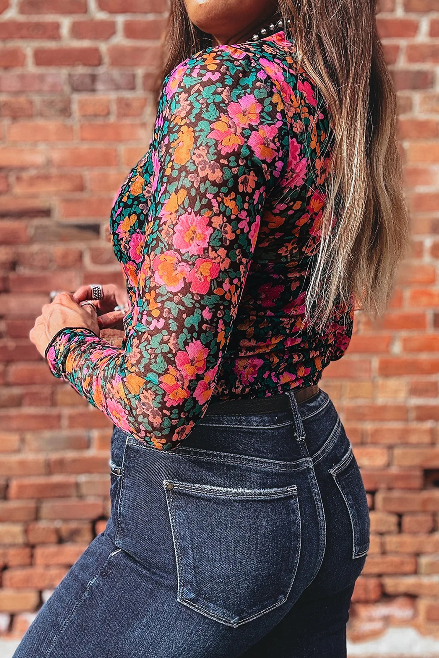Plus Size Vintage Floral Print Mesh Long Sleeve Top