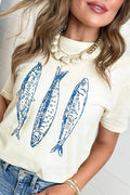 White Fish Print Short Sleeve Round Neck T Shirt