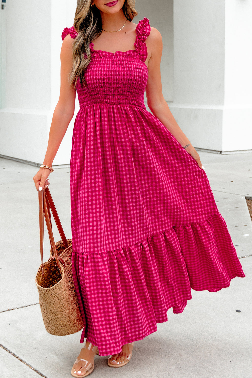 Red Plaid Square Neck Fit-and-flared Sundress