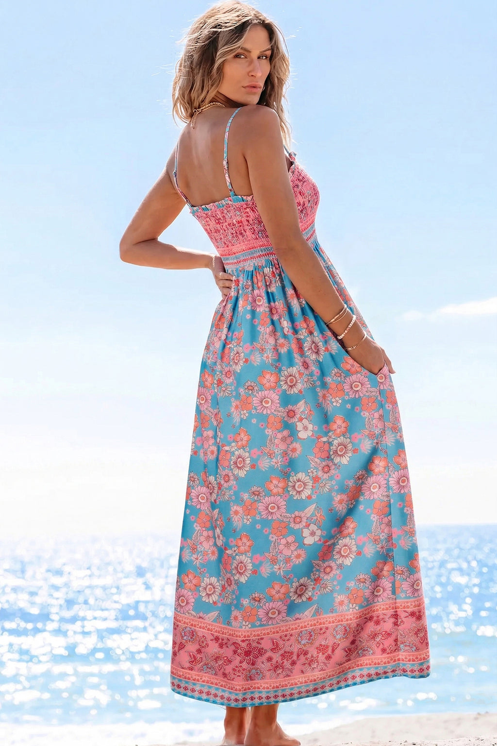 Sky Blue Bohemian Ethnic Print Spaghetti Straps Maxi Dress