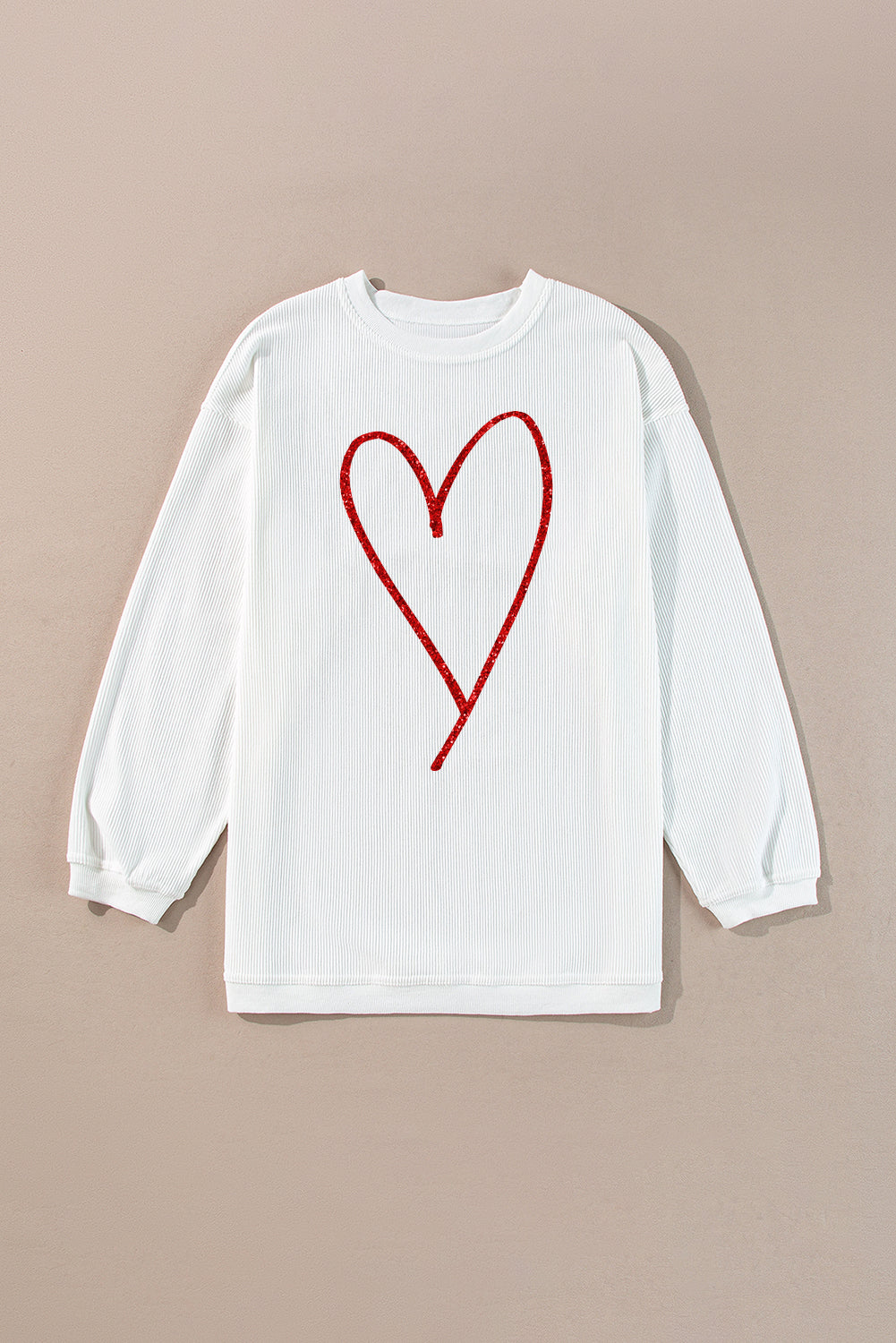 White Glittering Heart Printed Corded Sweatshirt