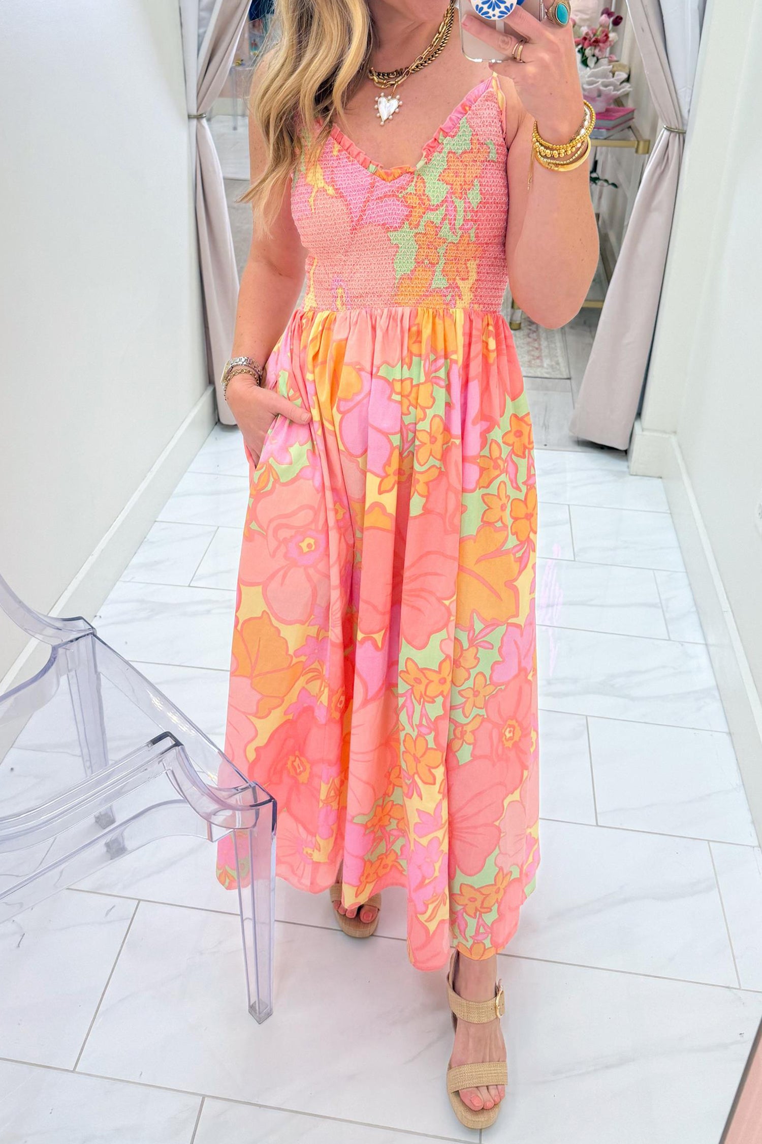 Spaghetti Strap Floral Shirred High Waist Dress