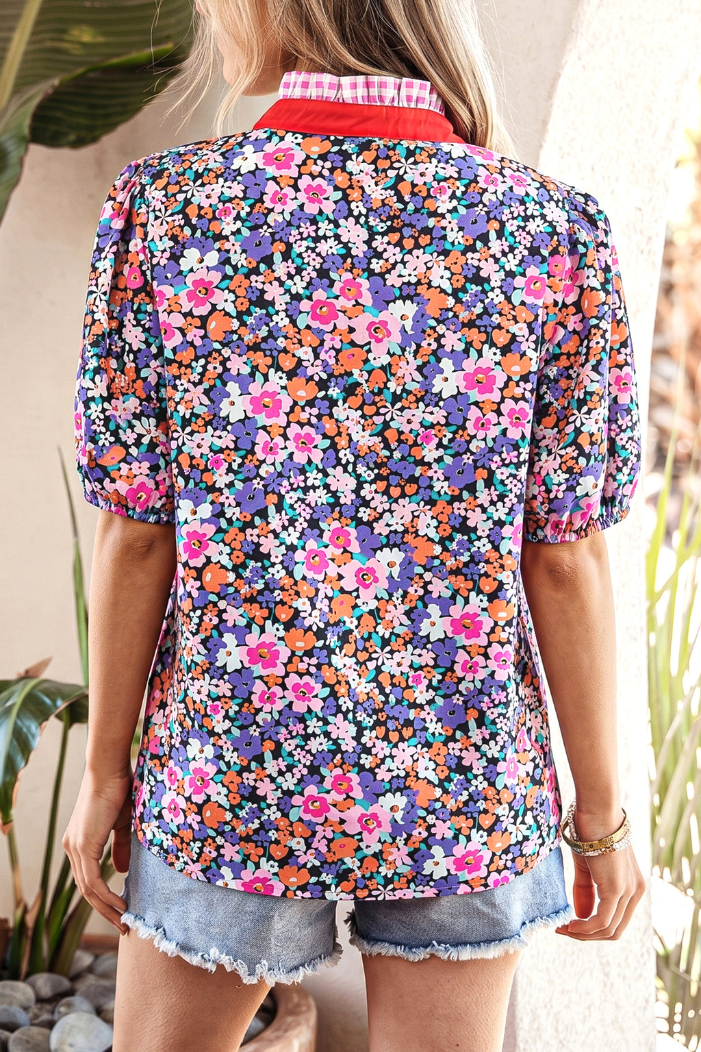 Floral Print Colorblock Trim V Neck Top