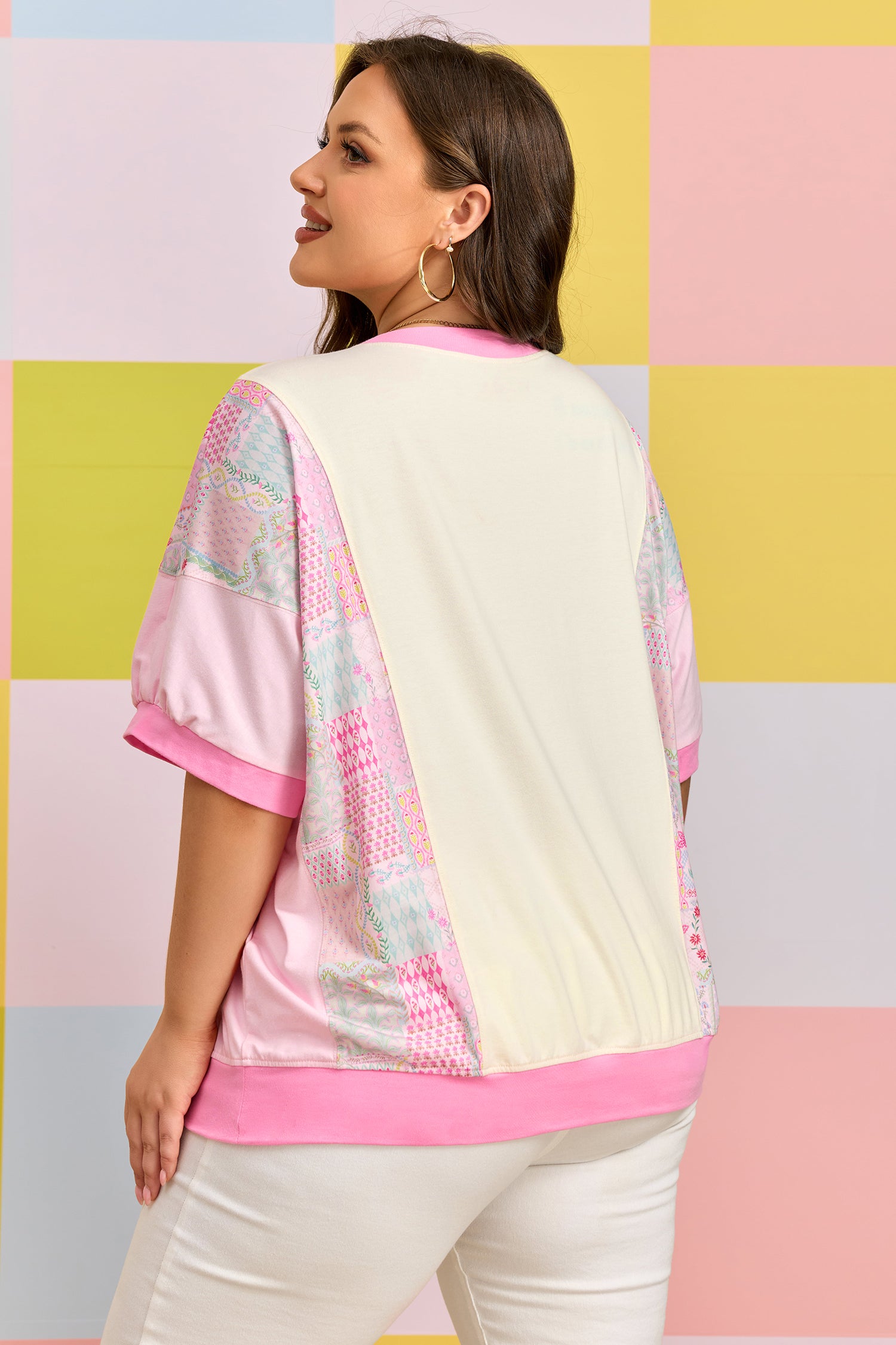 Beige Plus Size Floral Patchwork Short Sleeve Patch Embroidery Cotton Top