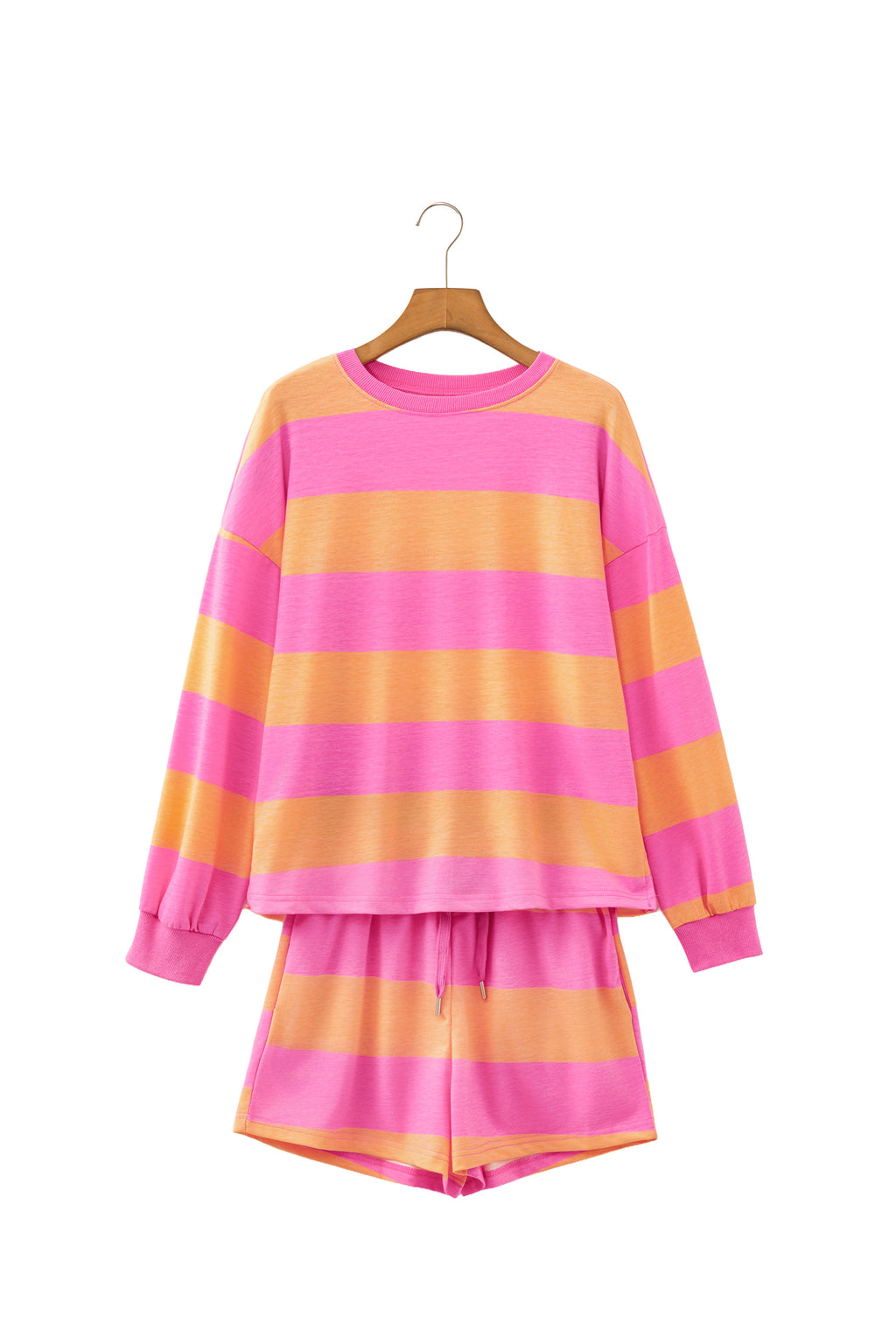 Pink Stripe Long Sleeve Casual Top Drawstring Shorts Two Piece Set