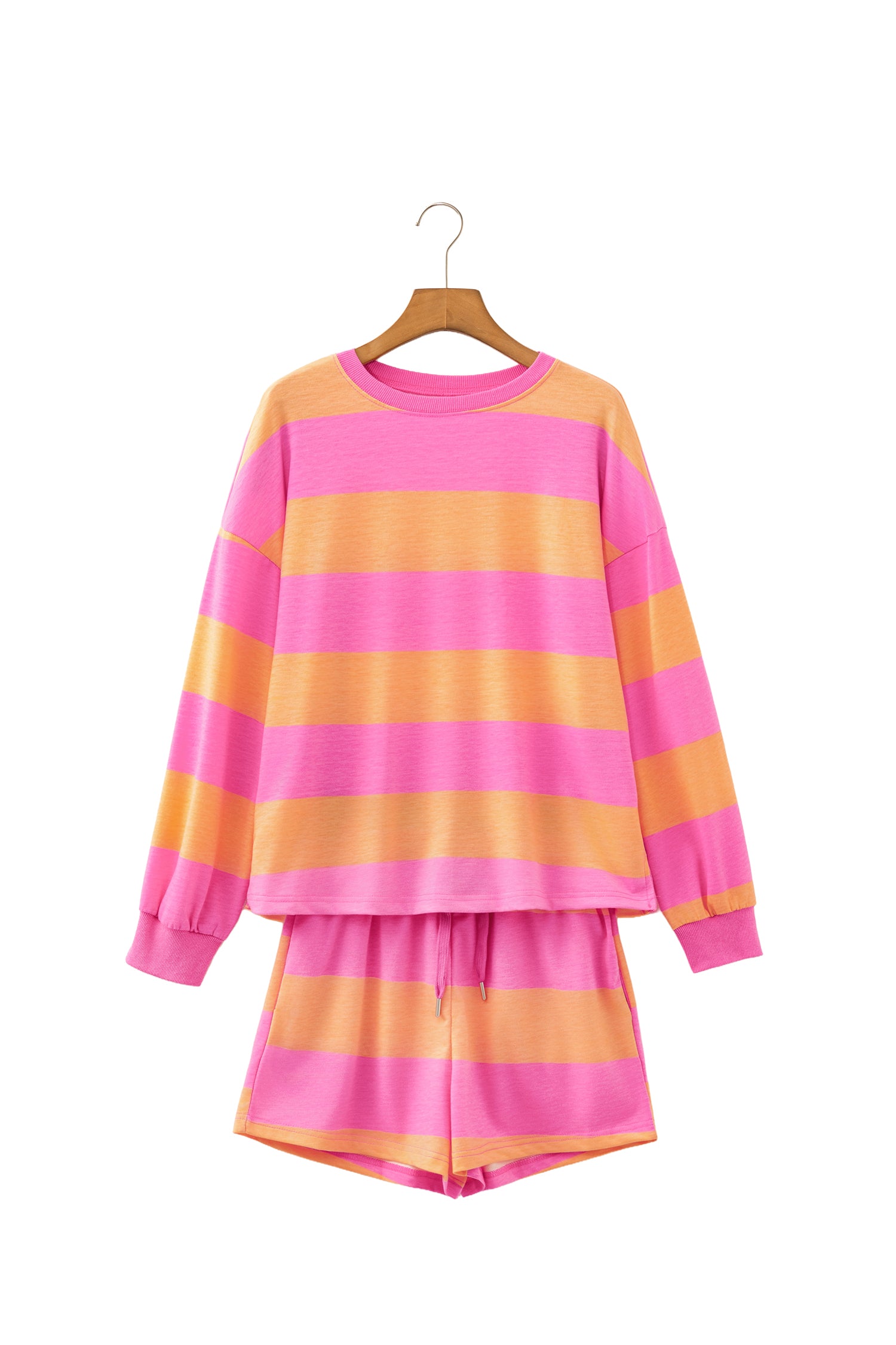 Pink Stripe Long Sleeve Casual Top Drawstring Shorts Two Piece Set