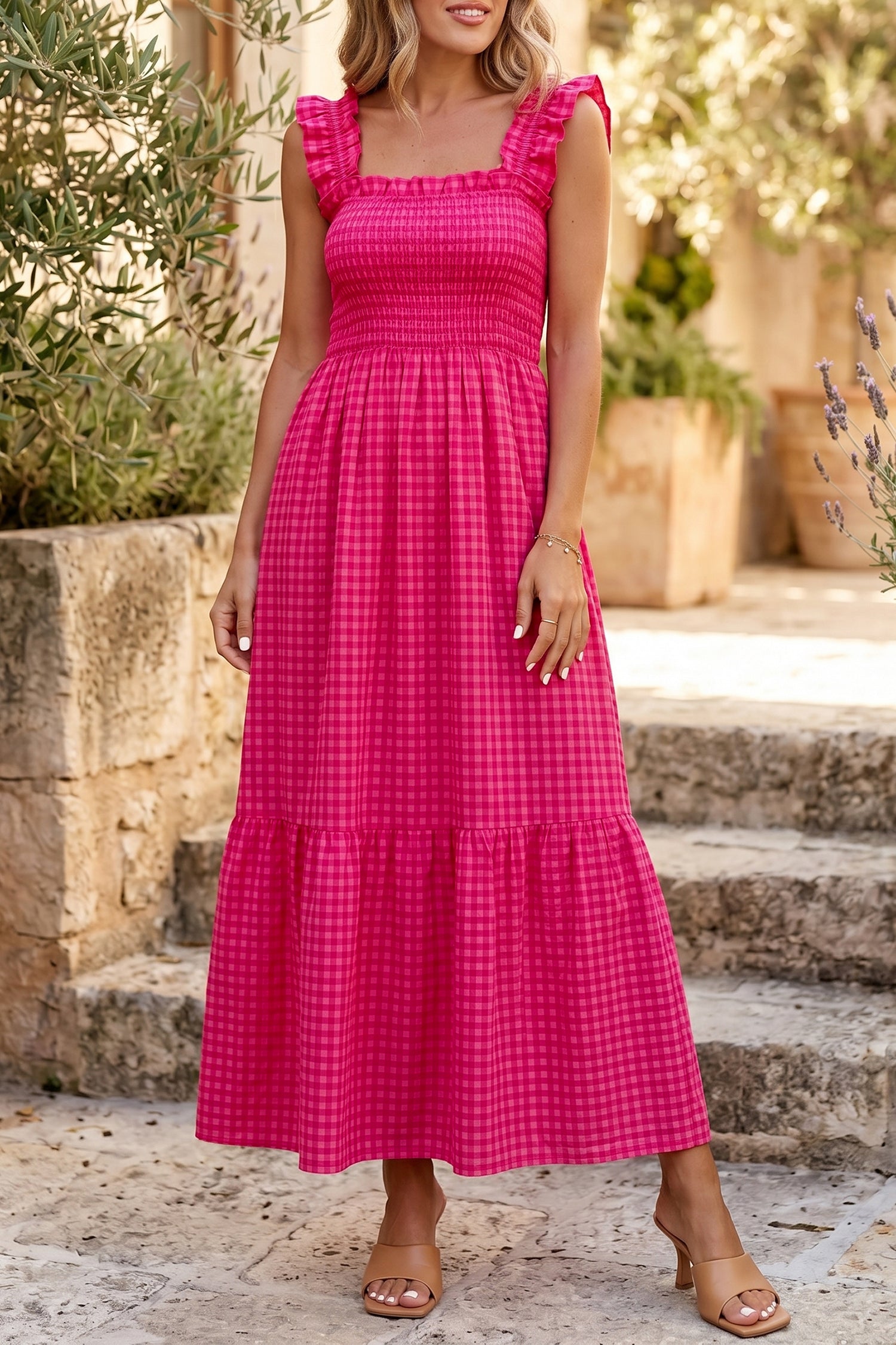 Red Plaid Square Neck Fit-and-flared Sundress