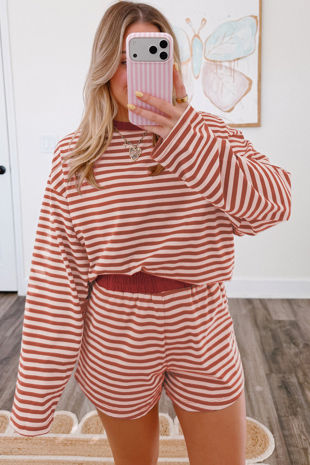 Stripe Relaxed Long Sleeve Top Contrast Elastic Waistband Two Piece Set