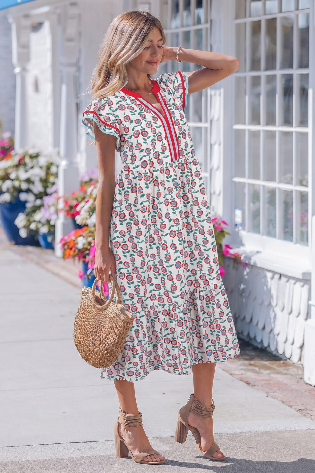 Sky Blue Cute Sunflower Printed Striped Patchwork Trim Flutter Dress