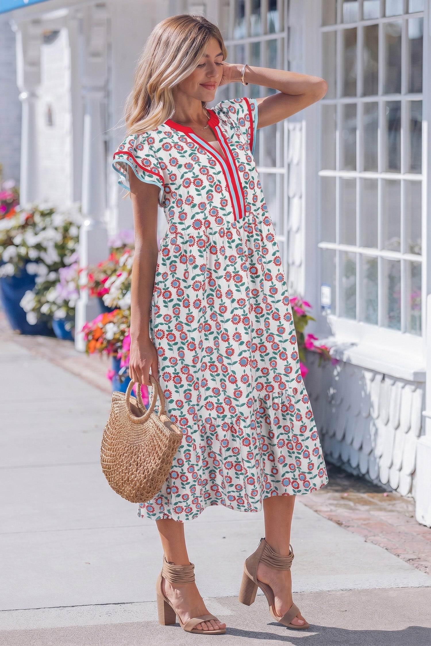 Sky Blue Cute Sunflower Printed Striped Patchwork Trim Flutter Dress