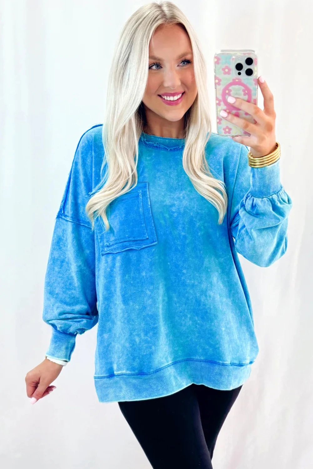 Blue Mineral Wash Raw Seam Double Patched Pocket Sweatshirt