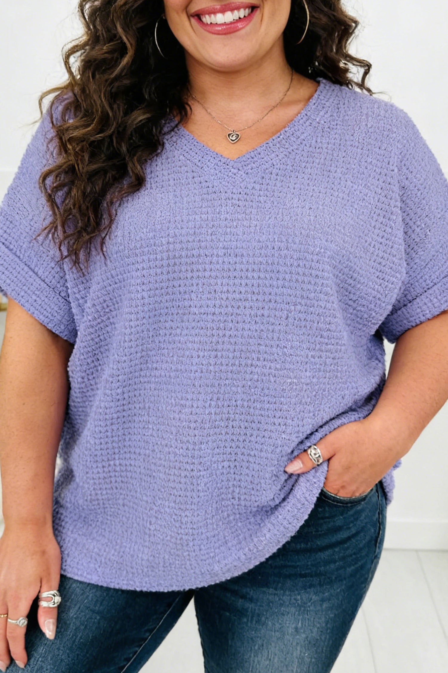 Clearly Aqua V Neck Short Sleeve Plus Size Waffle Knit Top