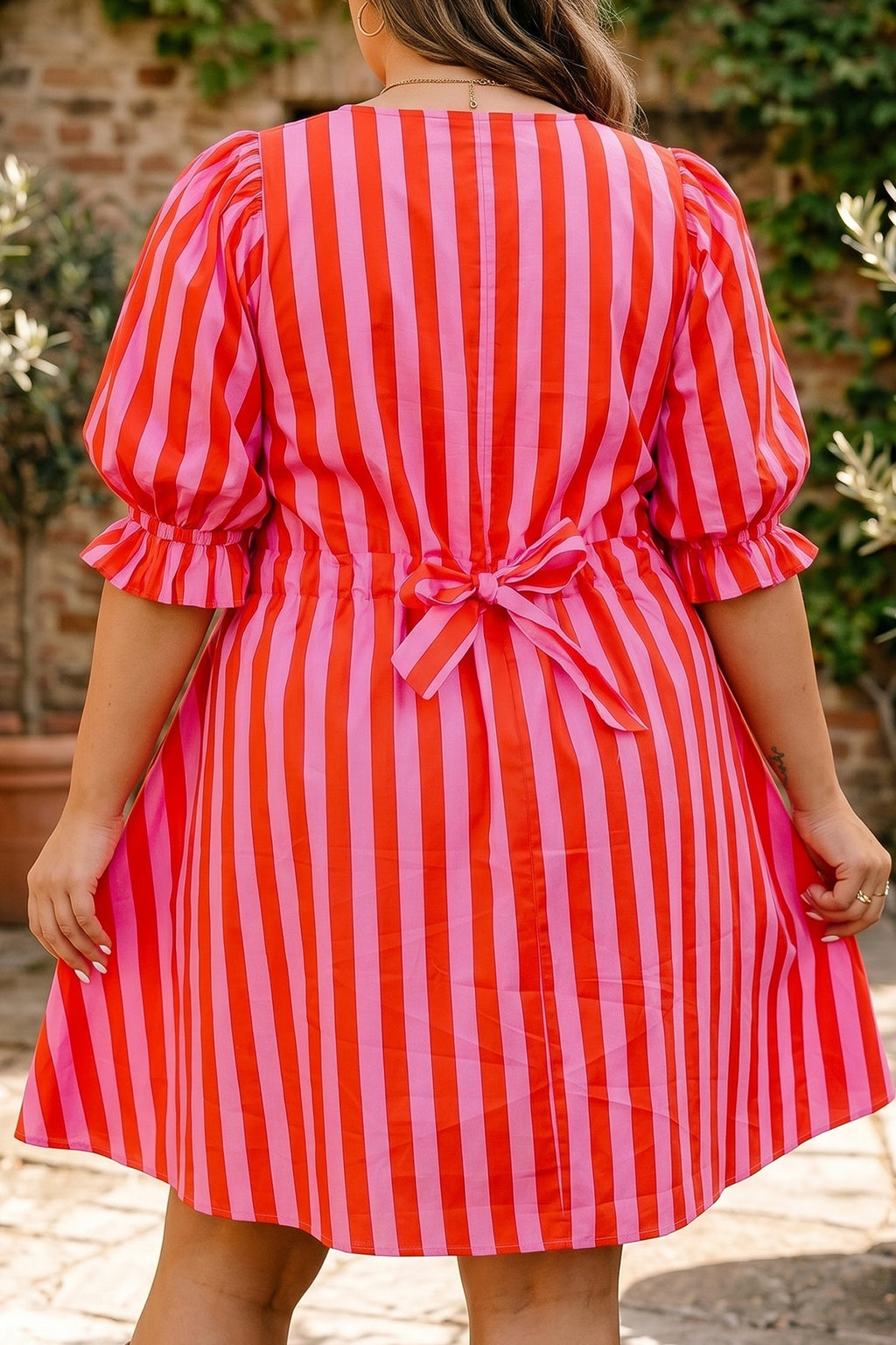 Stripe Collar Button Neck Short Sleeve Curvy Mini Dress