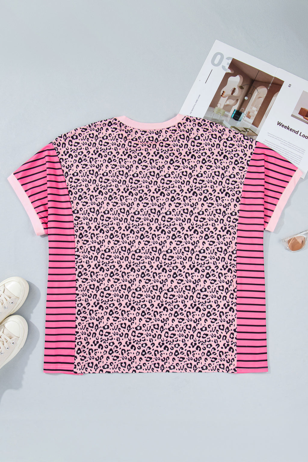 Pink Leopard Striped Contrast Patchwork Plus Size Top