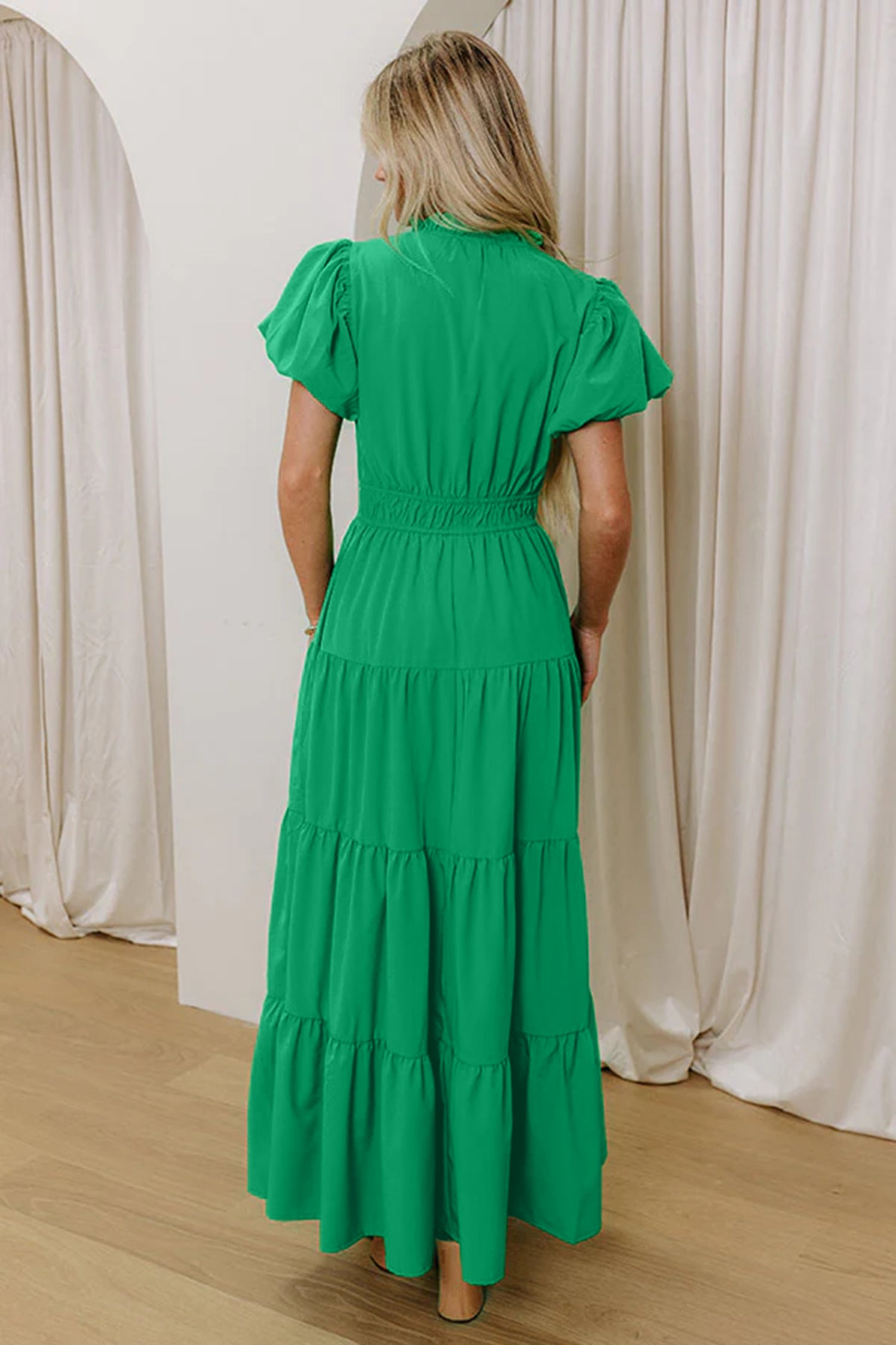 Green Solid Color V Neck Short Puff Sleeve High Waist Tiered Maxi Dress