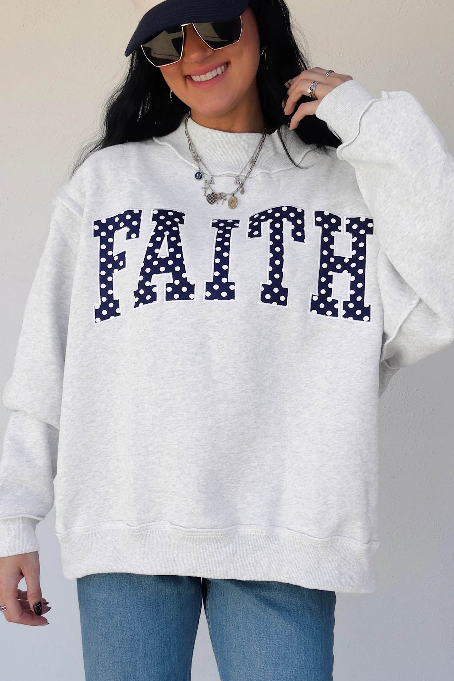 Light Grey High Neck Polka Dot Slogan Printed Sweatshirt