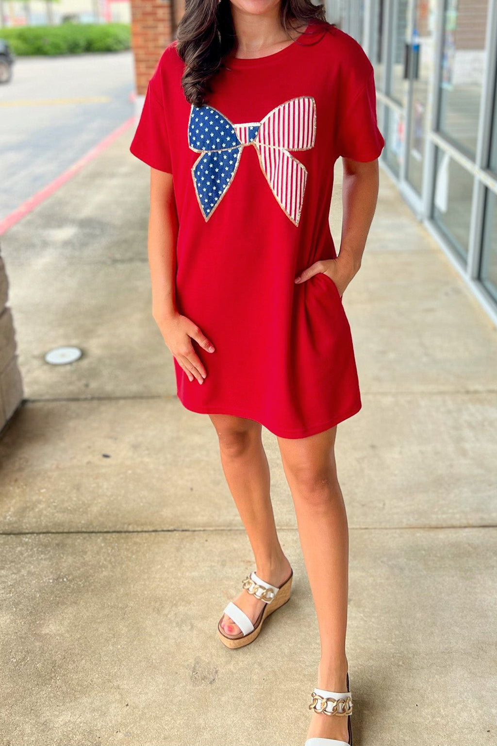 Fiery Red Sequin Trim Stars and Stripes Bow Patched Shirt Mini Dress
