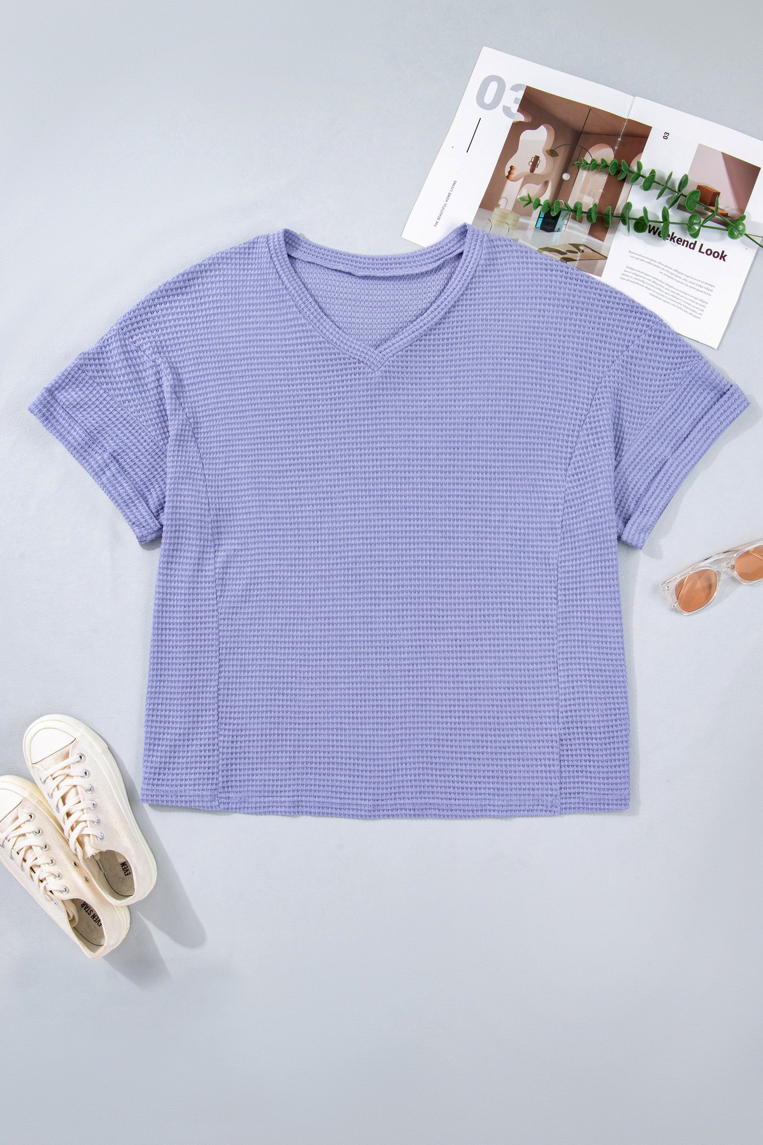 Clearly Aqua V Neck Short Sleeve Plus Size Waffle Knit Top