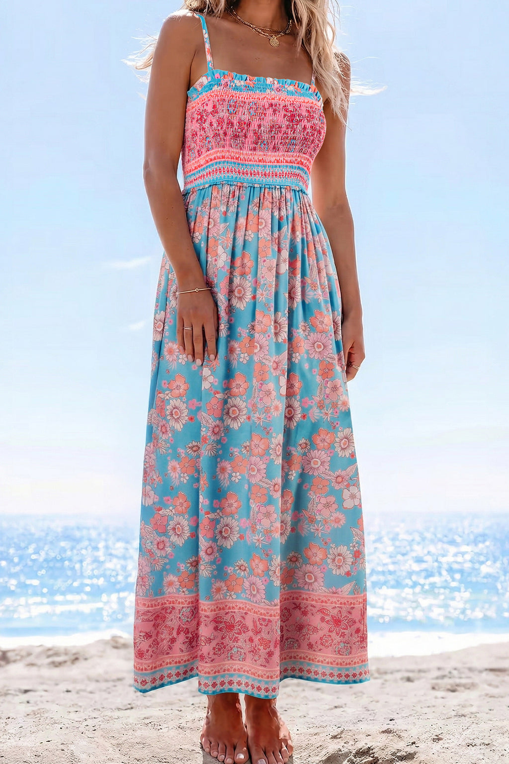 Sky Blue Bohemian Ethnic Print Spaghetti Straps Maxi Dress
