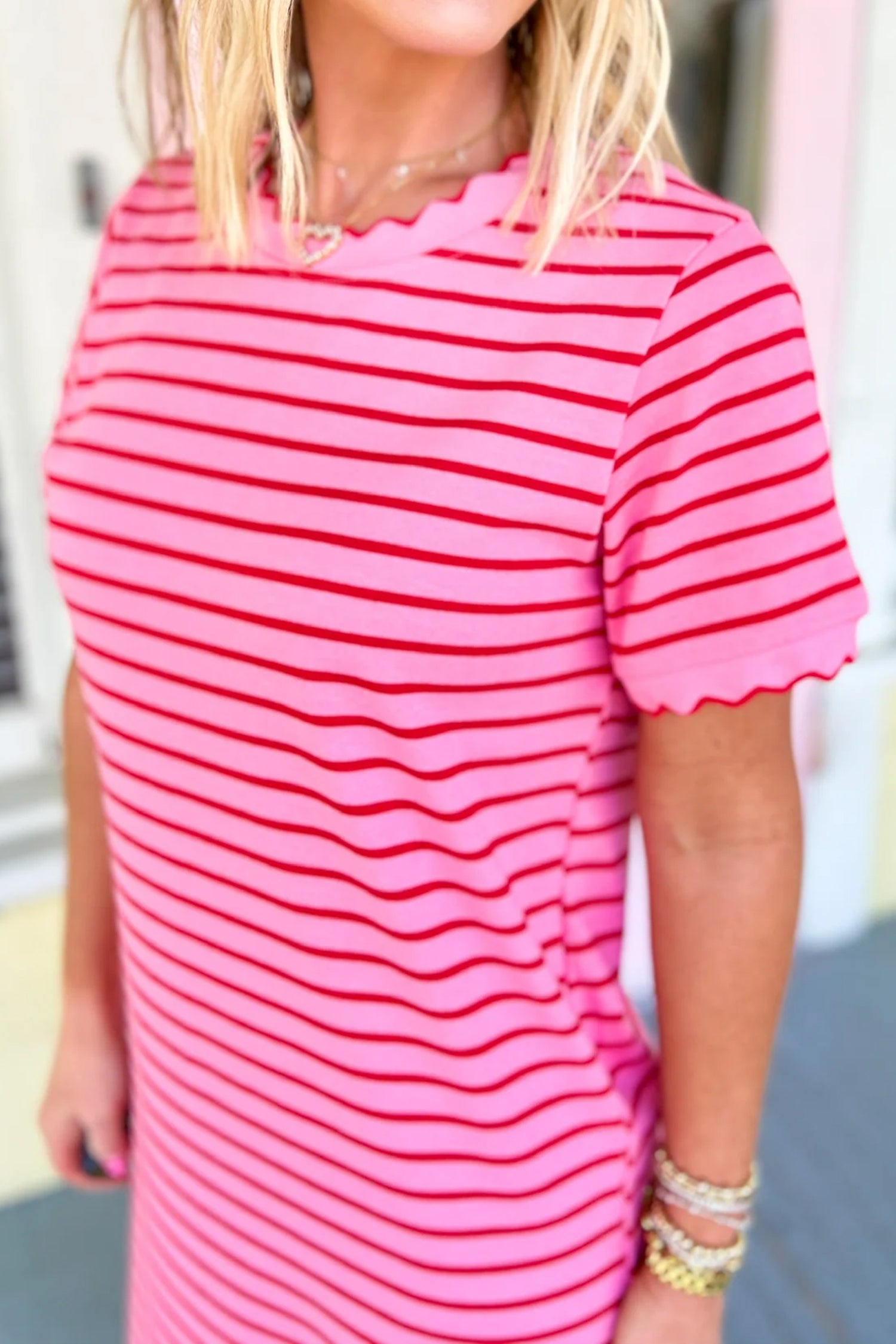 Rose Stripe Striped Short Sleeve Scalloped Trim Side Slit Dress
