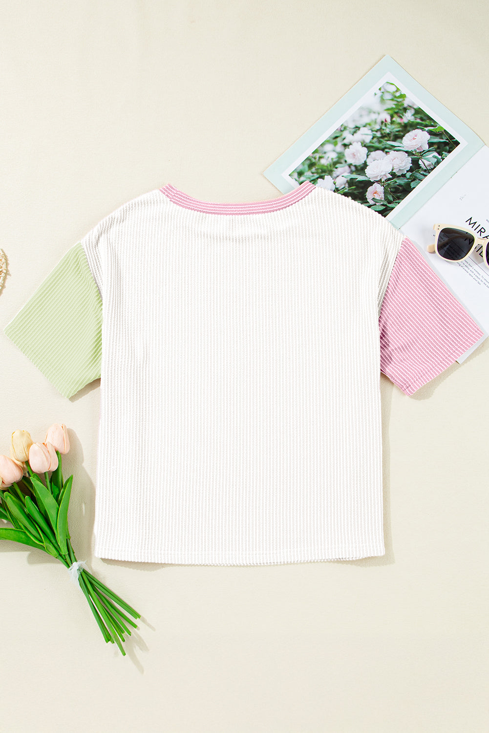 White Corded Colorblock Crewneck Top