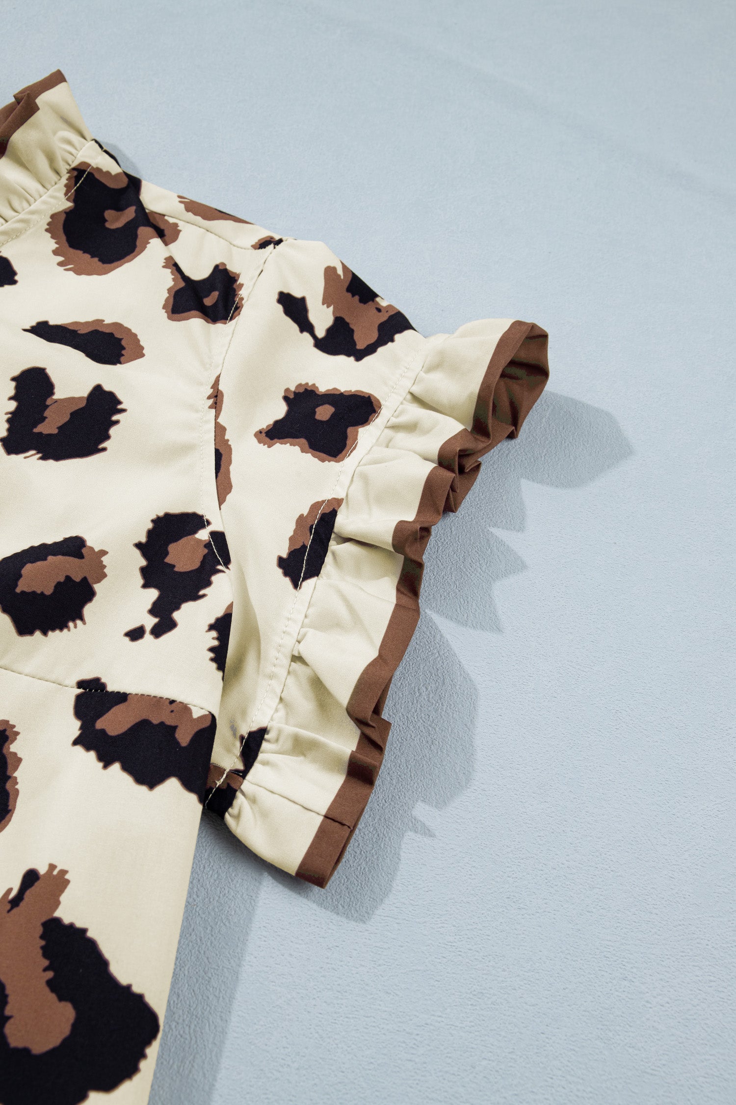 Plus Size Leopard Print Frilled Color Block Trim Button Down Short Sleeve Top