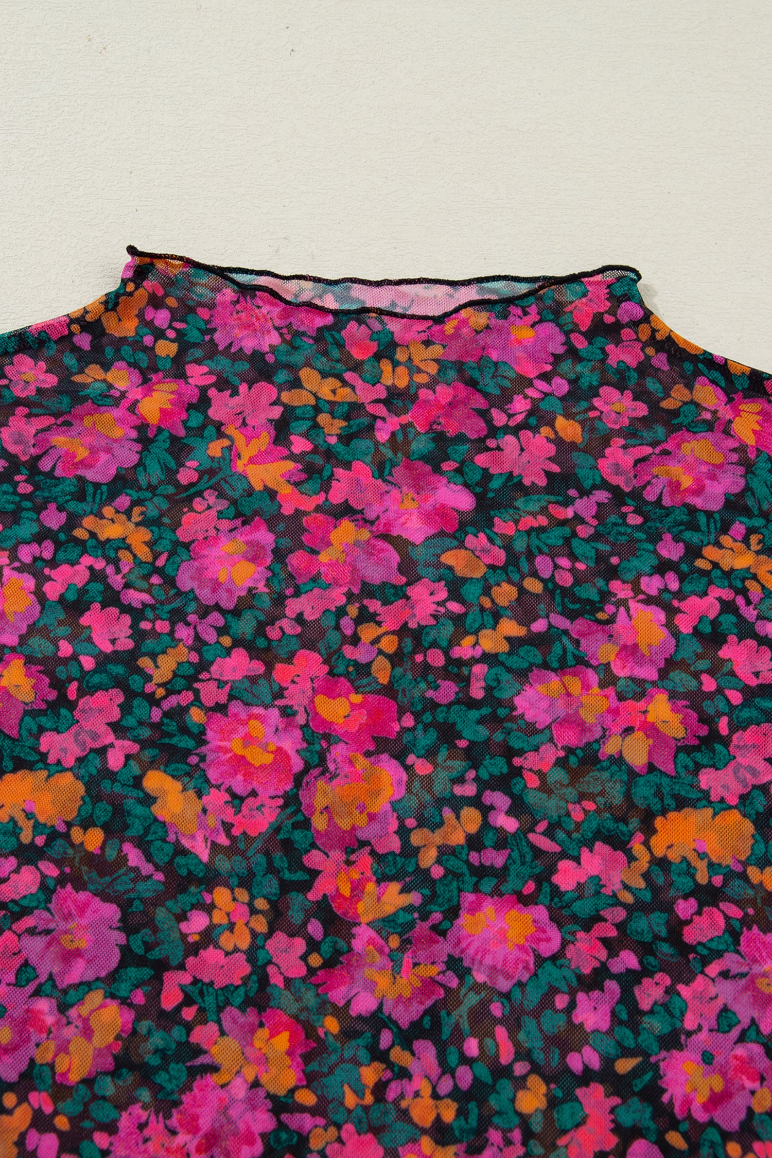 Plus Size Vintage Floral Print Mesh Long Sleeve Top