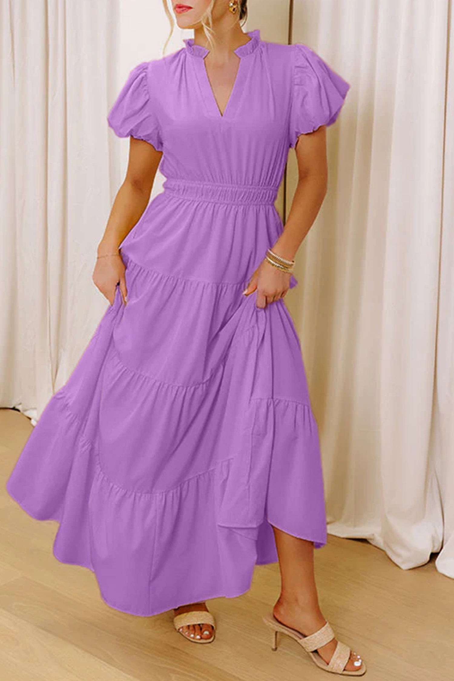 Green Solid Color V Neck Short Puff Sleeve High Waist Tiered Maxi Dress